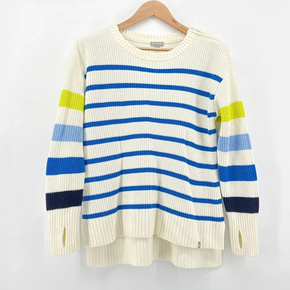 Talbots Multi Stripe Crewneck High-Lo Sweater Large Petite Ivory Blue Thumbholes